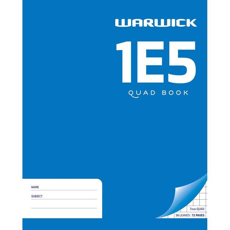 Warwick Exercise Book 1E5 with 36 quad leaves, 7mm grid, perfect for math and science, compact size 255x205mm.