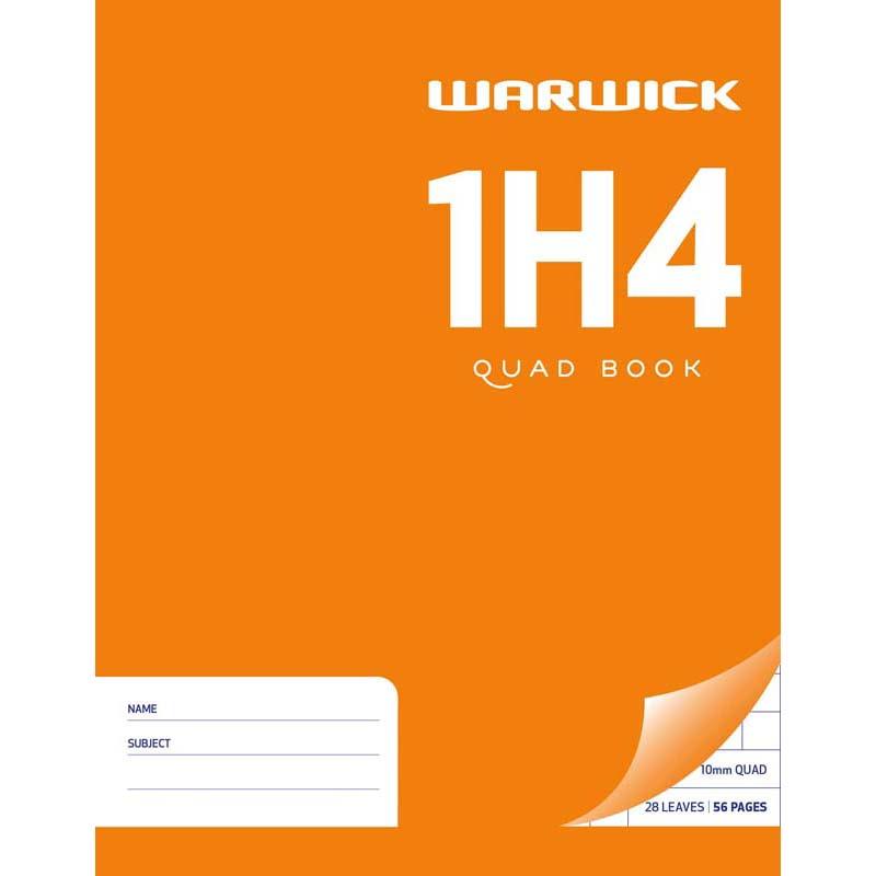 Warwick Exercise Book 1H4 with 28 leaves, 10mm quad grid, 230x180mm, ideal for math and science notes.