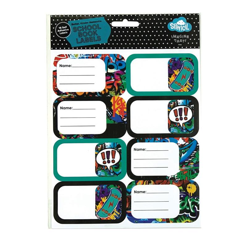 Vibrant Spencil Street Art Name & Subject Labels Sheet with 16 colorful designs for kids' school supplies organization.