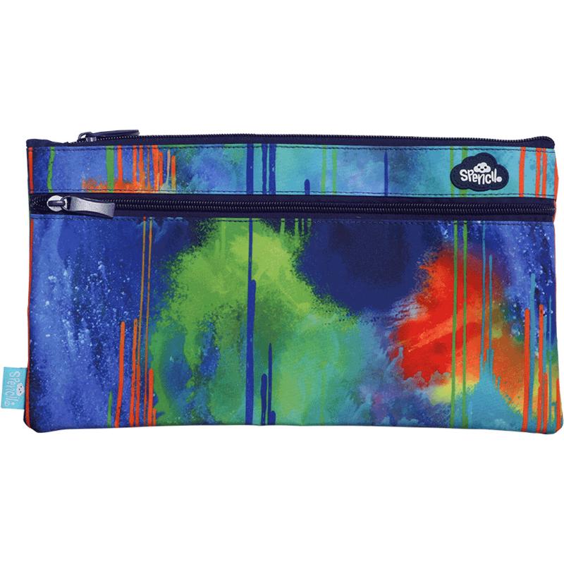 Vibrant Spencil Colour Drip Pencil Case with two zipped compartments, ideal for students and artists, measuring 340 X 170mm.