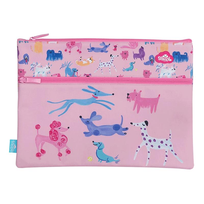 Spencil Doodle Dogs Junior A4 Twin Zip Pencil Case with vibrant pattern, dual compartments for organizing school supplies.