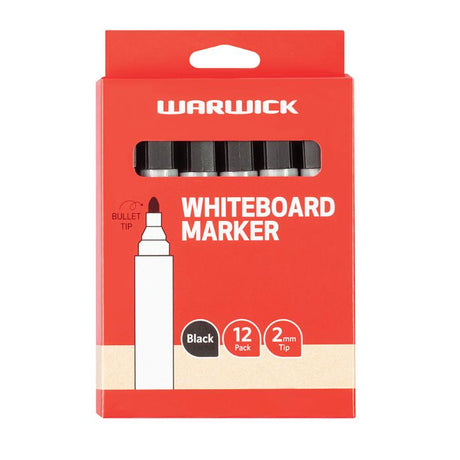 Box of 12 Warwick Black Bullet Tip Whiteboard Markers, 2.0mm tip for bold lines, quick-drying, low-odor ink.