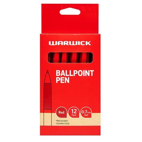 Box of 12 Warwick retractable ballpoint pens, red ink, 0.7mm tip, ergonomic grip for comfortable writing.