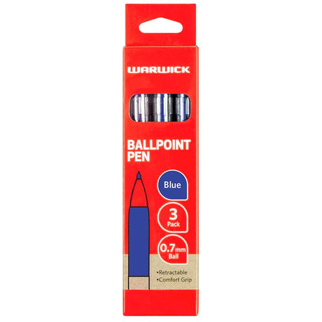 Pack of three Warwick blue ballpoint pens with ergonomic grip, retractable design, and 0.7mm tip for smooth writing.