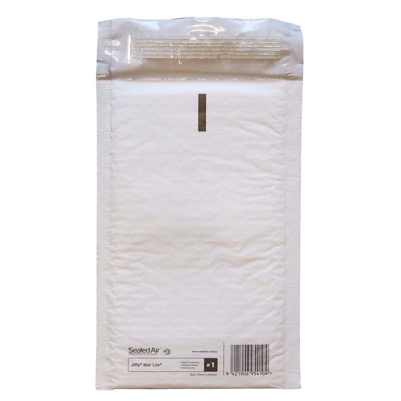 Lightweight Jiffy Mail Lite Bag Size 1 (113x210mm) for secure, eco-friendly shipping of fragile items.