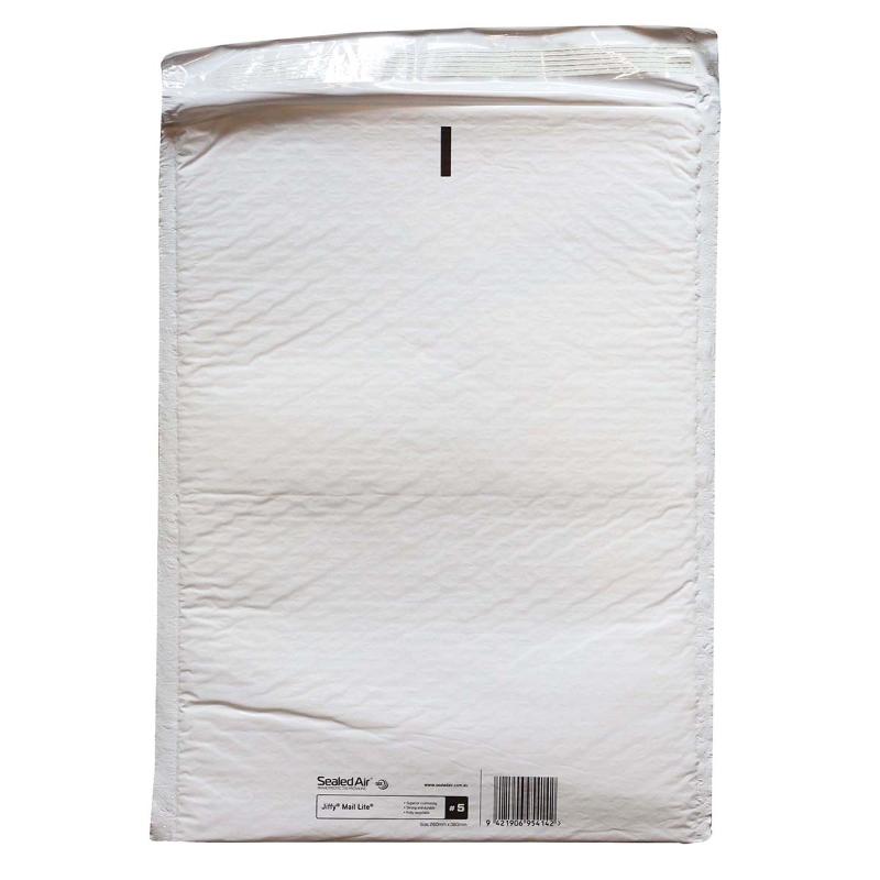 Jiffy Mail Lite Bag Size 5, 260x380mm, durable bubble mailer for secure and eco-friendly shipping of delicate items.