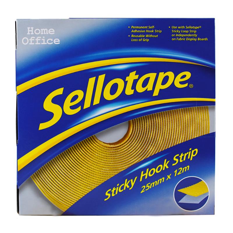 Sellotape Sticky Hook Strip, 25mm x 12m, ideal for secure indoor hanging without nails or screws.