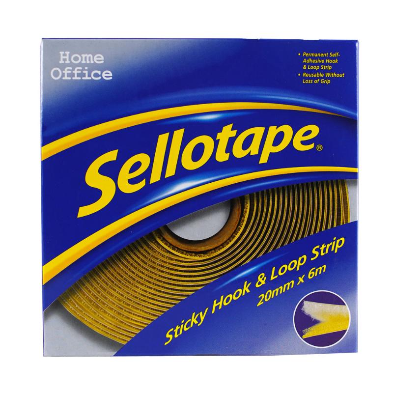 Sellotape Sticky Hook & Loop Strip, 20mm x 6m for strong, flexible indoor bonding without nails or screws.