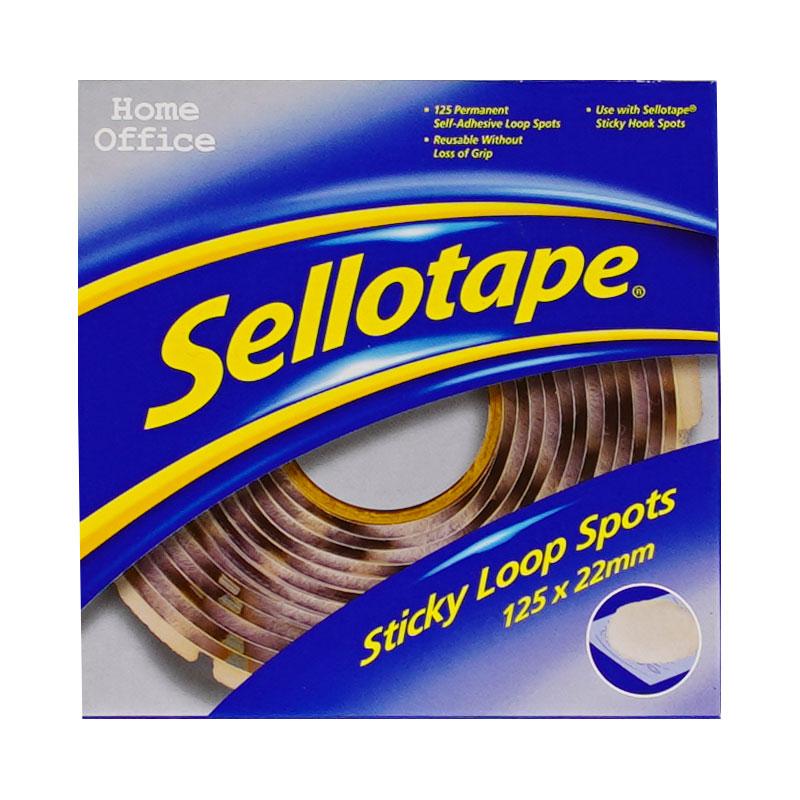 Pack of 125 Sellotape Sticky Loop Spots, 22mm, ideal for permanent adhesion in crafting and organizing projects.
