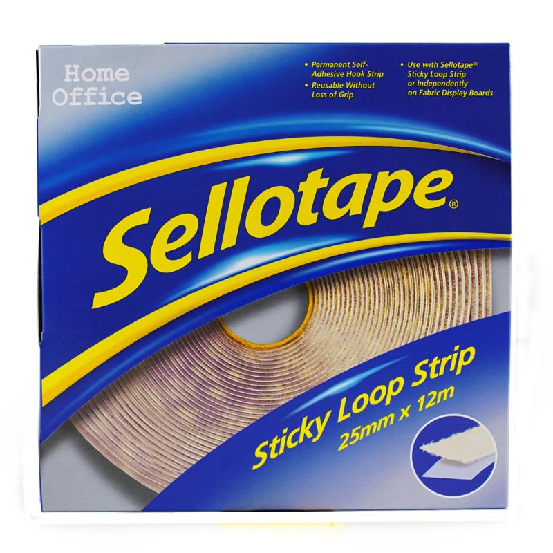 Sellotape Sticky Loop Strip 25mm x 12m, a strong, permanent adhesive for versatile DIY projects and crafts.