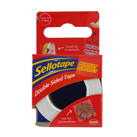 Sellotape Double Sided Tape 15mm x 5m in a box, ideal for crafting, mounting, and organizing with strong adhesion.