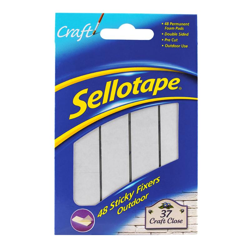 Sellotape Sticky Fixer Pads Outdoor 48 Pack, durable double-sided pads for secure outdoor mounting and crafting.