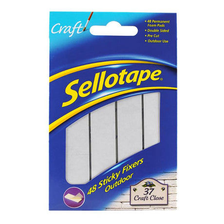 Sellotape Sticky Fixer Pads Outdoor 48 Pack, durable double-sided pads for secure outdoor mounting and crafting.