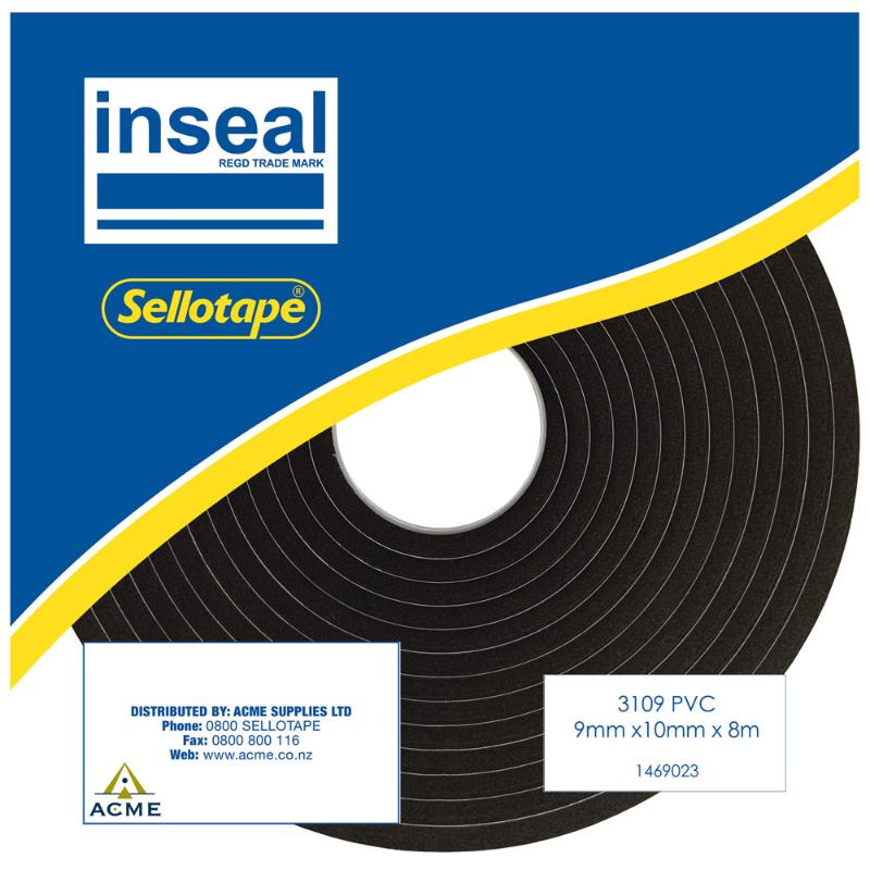 Inseal 3109 PKD sealing tape, 9mm thick, 10mm wide, 8m long, ideal for insulation, soundproofing, and weather sealing.