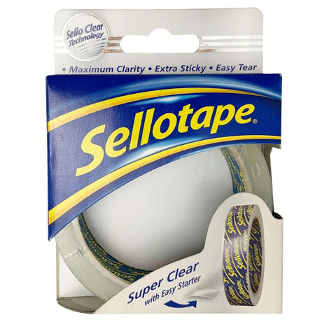 Sellotape Super Clear 24mm x 50m offers invisible adhesive for wrapping and crafting, featuring scissor-free tearing and high clarity.