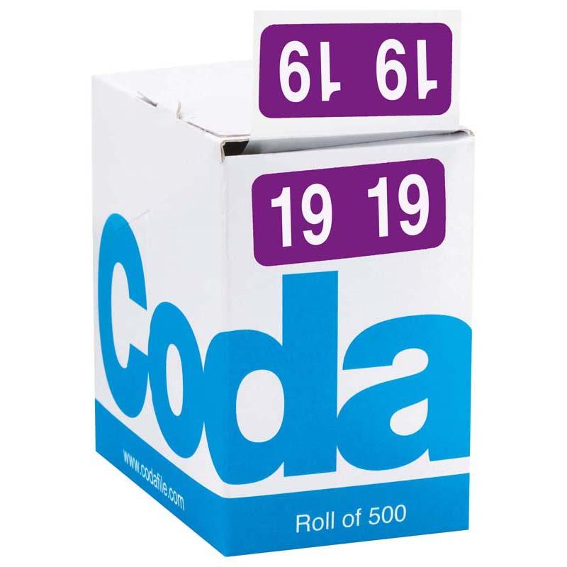 Codafile 19mm Year 2019 Label Roll with 500 vibrant purple labels for efficient document organization and archiving.