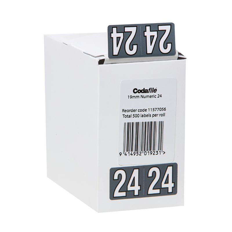 Codafile Label roll of 500, 19mm size, designed for organizing and labeling documents for the year 2024.