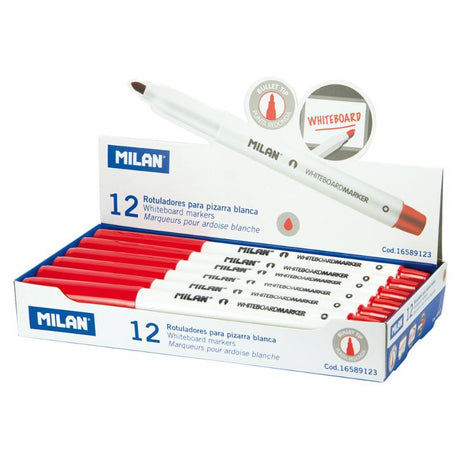 Milan red whiteboard marker with fine 3.7mm bullet tip, ideal for clear, eraseable writing in classrooms and offices.