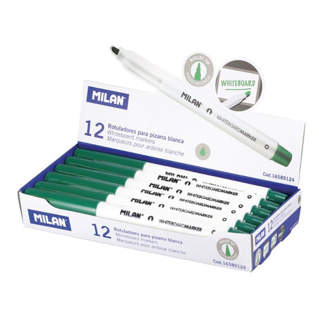 Milan green whiteboard marker with fine bullet tip for clear notes and diagrams, ideal for classrooms and offices.
