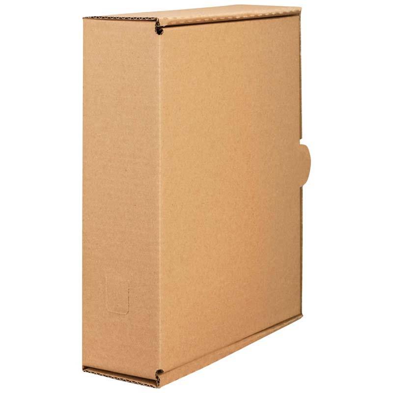 Kraft storage carton for A4 documents with large labeling panel and finger hole, made from durable corrugated cardboard.