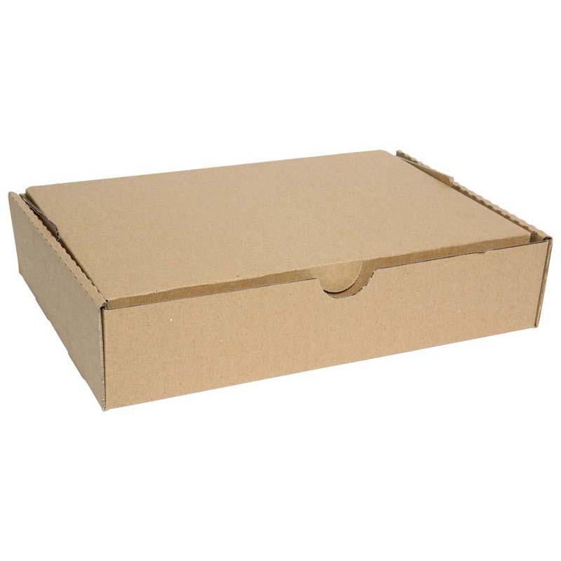 FM Storage Carton in kraft color, 388x253x83mm, made from durable corrugated cardboard with a writing panel and finger hole.