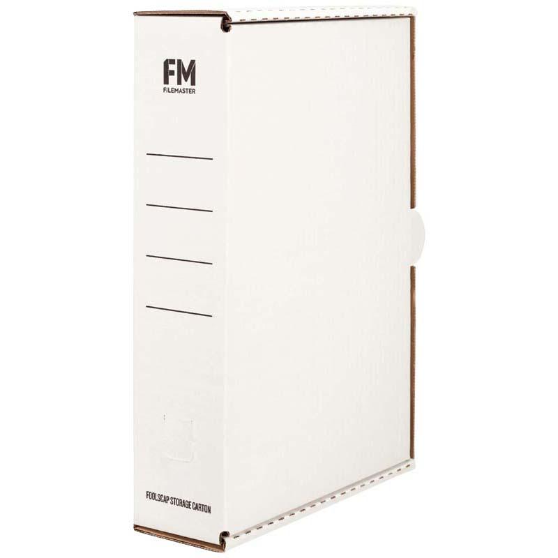 White storage carton for foolscap files, 385x250x85mm, durable, labeled, and easy to transport, ideal for organizing documents.