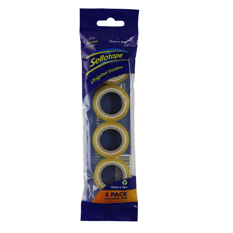 Four rolls of eco-friendly Sellotape cellulose tape, 15mmx10m, ideal for crafting, packaging, and office use.