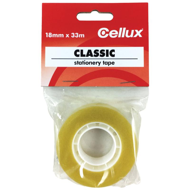 Clear Cellux Classic Tape 18mm x 33m, ideal for gift wrapping, document securing, and crafting projects.