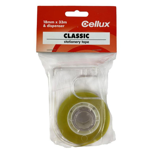 Cellux Classic Tape 18mmx33m in dispenser, perfect for home, office, and crafting with strong adhesion and durable film.