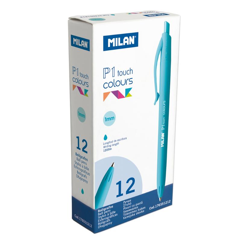 Light blue Milan P1 Touch Colours ballpoint pen with matching barrel, 1 mm tip, and 1200m writing length.