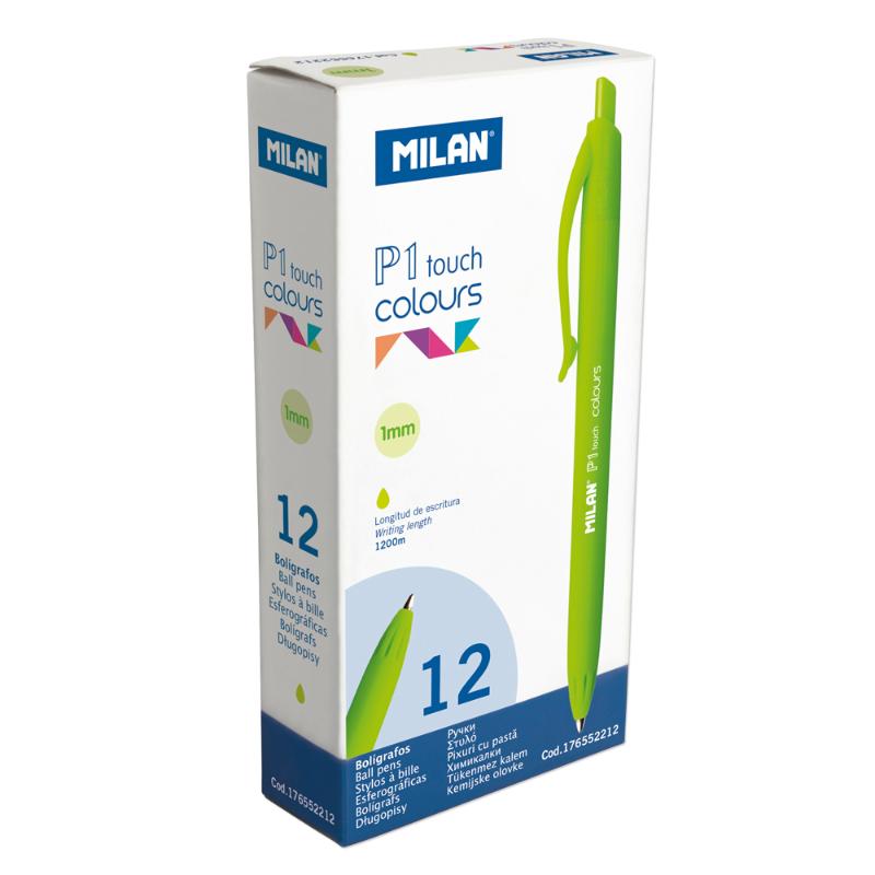Light green Milan P1 Touch Colours ballpoint pen with 1 mm tip, designed for vibrant writing and creative tasks.