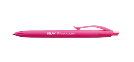 Vibrant pink Milan P1 Touch ballpoint pen with a sleek design, 1200m writing length, and 1mm precision tip.