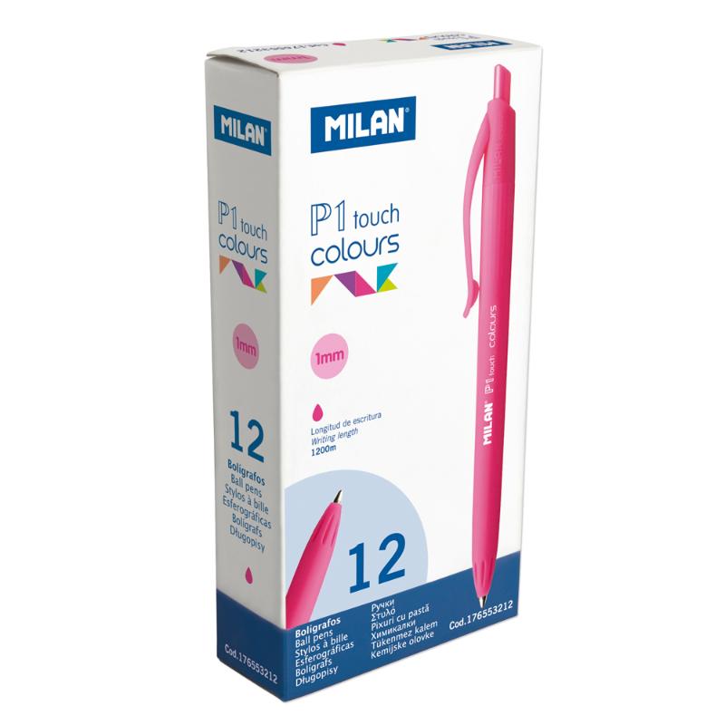 Vibrant pink Milan P1 Touch ballpoint pen with matching barrel, 1 mm tip, and 1200 meters of writing length.