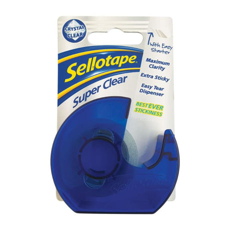 Sellotape Super Clear dispenser with 18mm x 15m tape, perfect for invisible gift wrapping and crafting projects.
