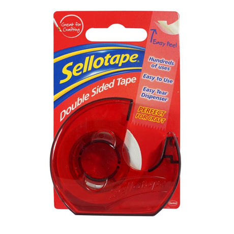 Sellotape Double Sided Tape on dispenser, 15mm x 5m, perfect for crafting, scrapbooking, and easy application.