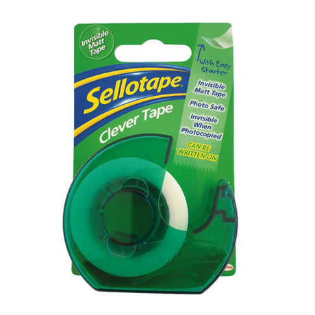 Sellotape Clever Tape on dispenser, 18mm x 25m, clear, scissor-free, anti-tangle, ideal for gifts and crafts.