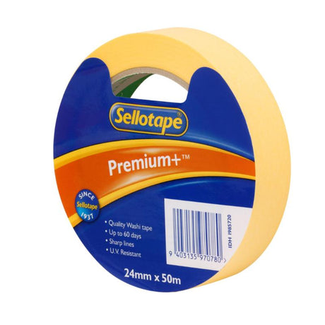Sellotape Premium+ Washi Masking Tape, 24mm x 50m, ideal for crafting, scrapbooking, and DIY projects with vibrant patterns.