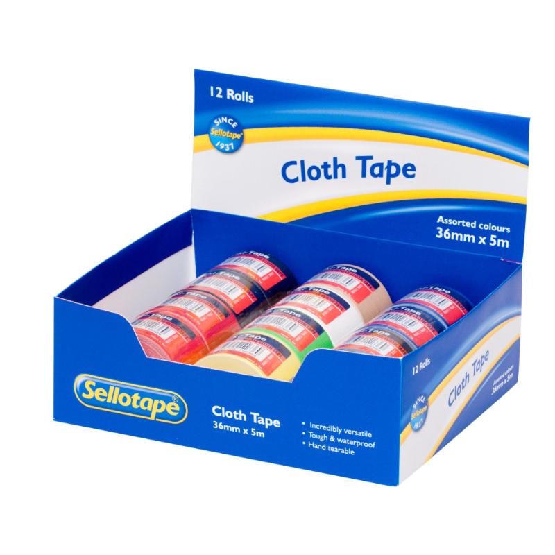 Sellotape D16036 assorted cloth tape, 36mm x 5m, vibrant colors, waterproof, easy to tear, ideal for crafting and repairs.