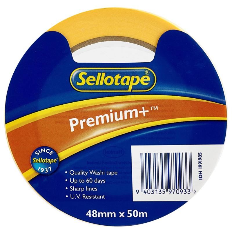 Sellotape Premium+ Washi Masking Tape, 48mmx50m, ideal for DIY projects, offers vibrant colors and reliable adhesion.
