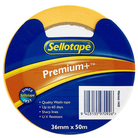 Sellotape Premium+ Washi Masking Tape in a roll, ideal for crafting with precision, vibrant colors and U.V. resistance.