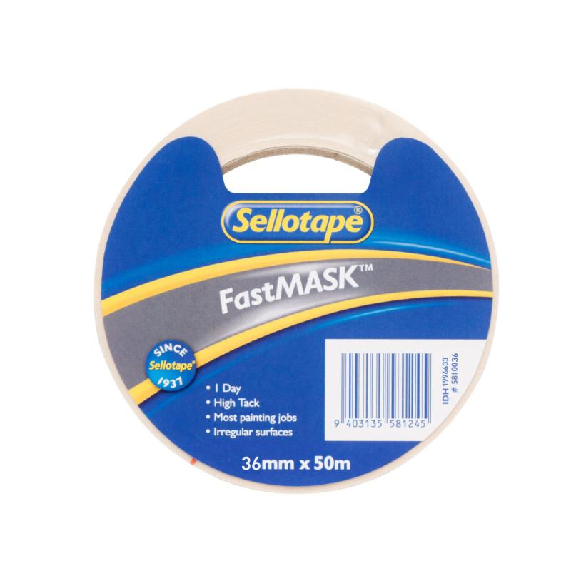 Sellotape 5810 FastMask 36mm x 50m masking tape for sharp paint lines, easy application, and no residue cleanup.
