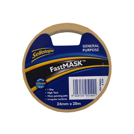 Sellotape 5144 GP Fastmask 24mm x 20m, a high tack masking tape ideal for precise painting and crafting projects.