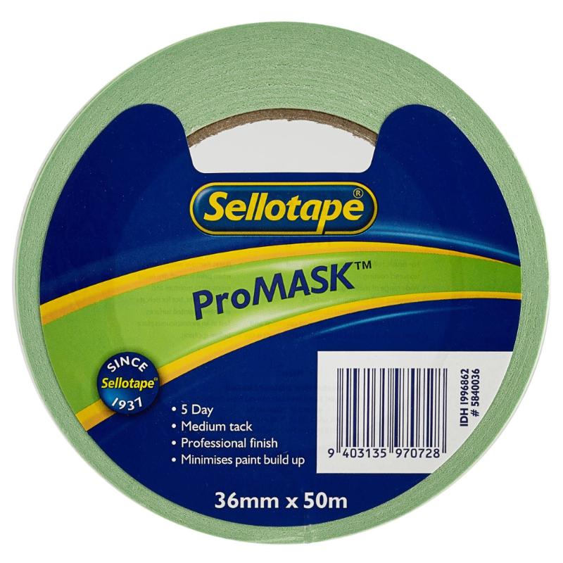 Sellotape ProMask 36mmx50m masking tape for clean paint edges, easy removal, and ideal for various painting projects.