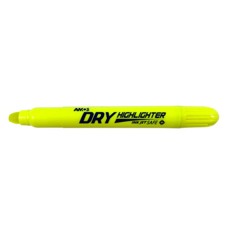 Amos Dry Highlighter in Fluoro Yellow, featuring vibrant color, no bleed-through, and a twist mechanism for precise highlighting.