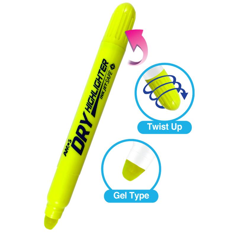 Amos Dry Highlighter in Fluoro Yellow, designed for vibrant, no-bleed highlighting on all paper types with a twist mechanism.