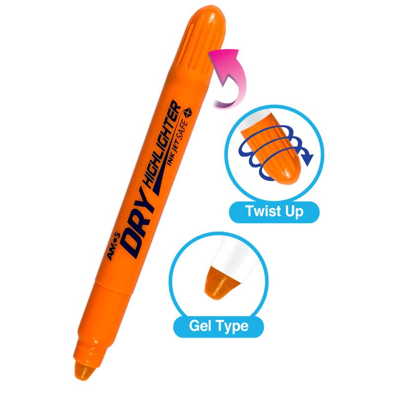 Vibrant Fluoro Orange Amos Dry Highlighter, ideal for notes with no ink bleed and innovative twist mechanism for smudge-free use.