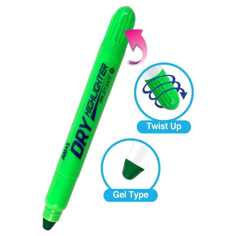 Amos Dry Highlighter in Fluoro Green for vibrant, precise highlighting on various surfaces with a user-friendly twist mechanism.