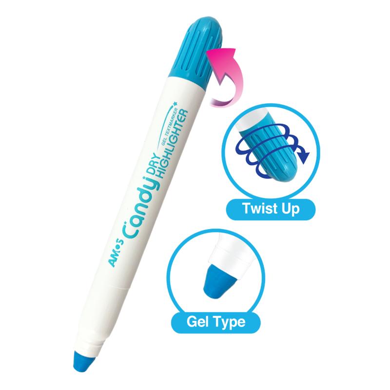 Amos Dry Highlighter in Pastel Aqua Blue, gel type, smudge-free, suitable for all paper surfaces, featuring a twist mechanism.