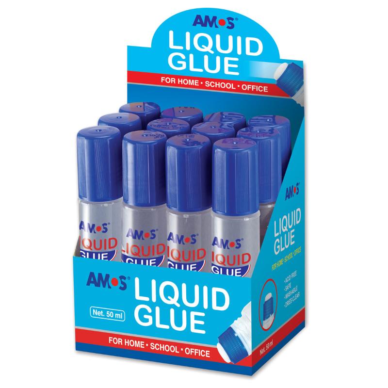 Amos Liquid Glue 50ml bottle with applicator, ideal for crafting and DIY projects, dries clear and washes out easily.
