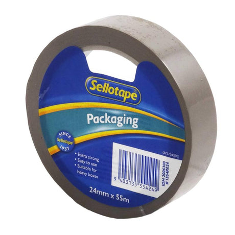 Strong brown vinyl tape, 24mm x 55m, ideal for secure packaging and shipping heavy boxes.
